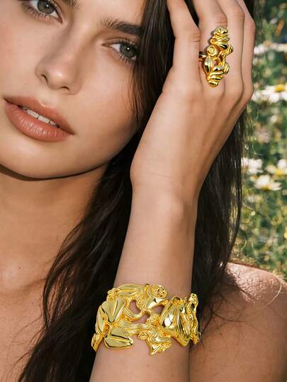 2pcs 24K Gold-Plated Luxcy Floral Design Bangle & Ring Set For Women Perfect For Daily Wear, Vacation Looks & Festive Occasions, New Year, Valentine's Day, Eid Al-Fitr, Mother's Day, Weddings, Opulent & Stylish Accessory For Middle Eastern & Western Festive Celebrations