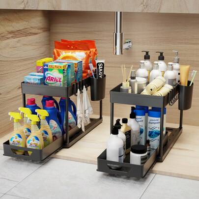 Multifunctional Under Sink Storage Organizer, Pull-Out Cabinet Rack, 2 Tier Bathroom Shelf