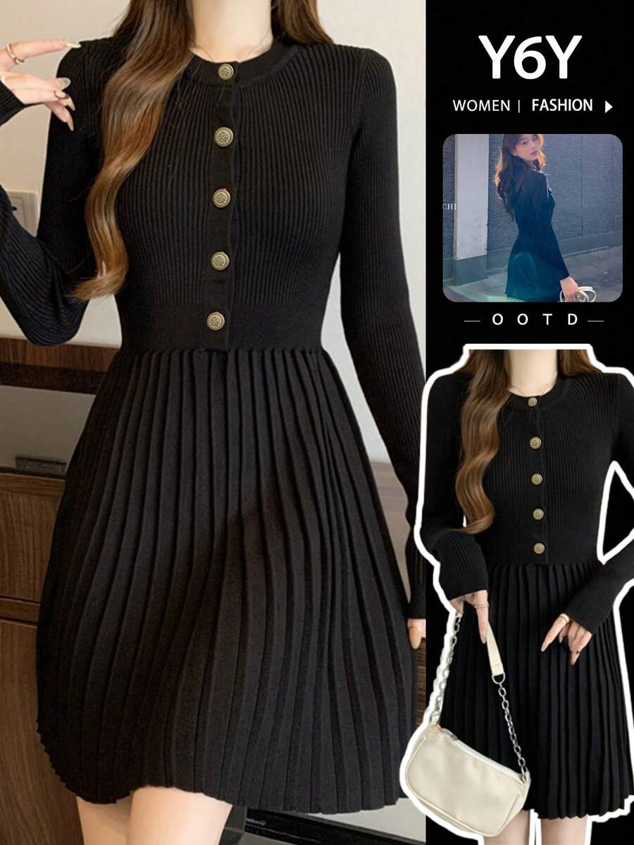 [Y6Y] Women's Black Elegant High-Quality Knit Crew Neck Short Dress - Black - View 1