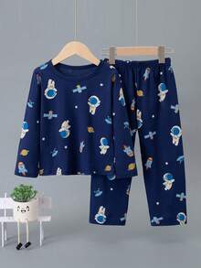 2 piezas Conjunto de pijama ligero para niños, parte superior de manga larga y pantalones con estampado de astronauta de dibujos animados, ropa de estar en casa casual - Multicolor - Ver 1