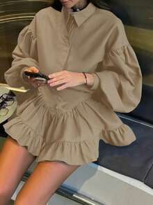 Women's Elegant Ruffle Hem Mini Skirt 2 Pieces Set, Solid Color, Elegant Spring - Khaki - View 6