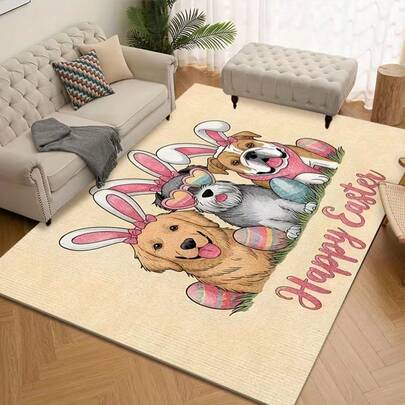 1pc Rabbit Ear Dog Square Welcome Doormat, Velvet Material, Easter Decor Entrance Mat, Non-Slip Bottom, Suitable For Entryway, Bedroom, Kitchen, Bathroom And Multi-Area Decoration