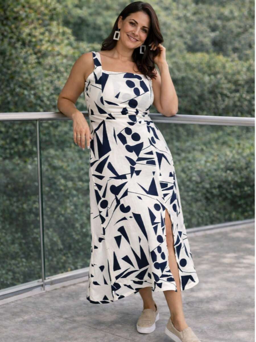 Elegant Long Dress With Slit, Elasticated Waistband, And Viscose Lining - Perfect For Parties, Weddings, Graduations, Christmas, And New Year's Eve. - 白色/藍色 - 查看 1