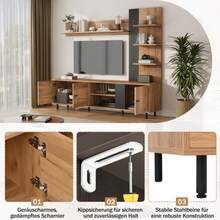 Wall-Mounted TV Unit, 187.5 X 40 X 167 Cm, With Display Cabinet, Multimedia Unit Including A TV Stand And Shelf, Living Room TV Furniture Set With 3 Cupboards, Open Shelves, Modular Wall Unit, Compatible With TVs Up To 80 Inches, Wood And Black Finish - Black + Natural Wood Color - View 5