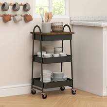 3-Tier Kitchen Storage Trolley | With Wheels & Cover Top Board | Rustic Brown And Black - Default - View 1