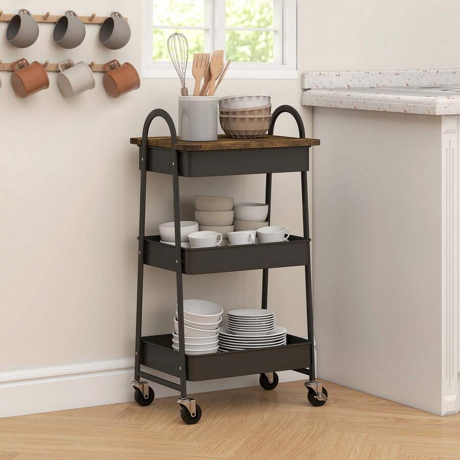 3-Tier Kitchen Storage Trolley | With Wheels & Cover Top Board | Rustic Brown And Black - Default - View 1