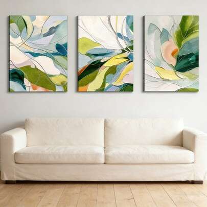 3幅抽象简约绿色植物花卉艺术帆布海报，创意防水帆布海报，适用于卧室、办公室、客厅、咖啡馆、酒吧、家居和宿舍墙面装饰