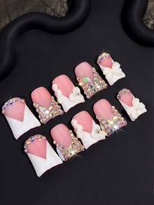 Dreamy Bride Bridesmaid Press On Nails, Premium Handmade Short Duck Nails, Elegant French Style, Nude, White Patchwork Summer - trắng - Xem 1