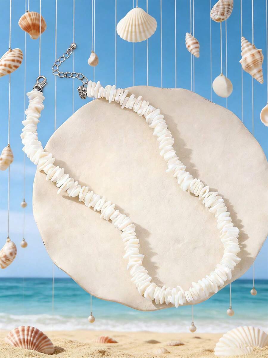 1 Pc Multi-Color Natural Shell Beaded Necklace, Suitable For Women Everyday, Beach, Vacation And Leisure Wear - White - View 1