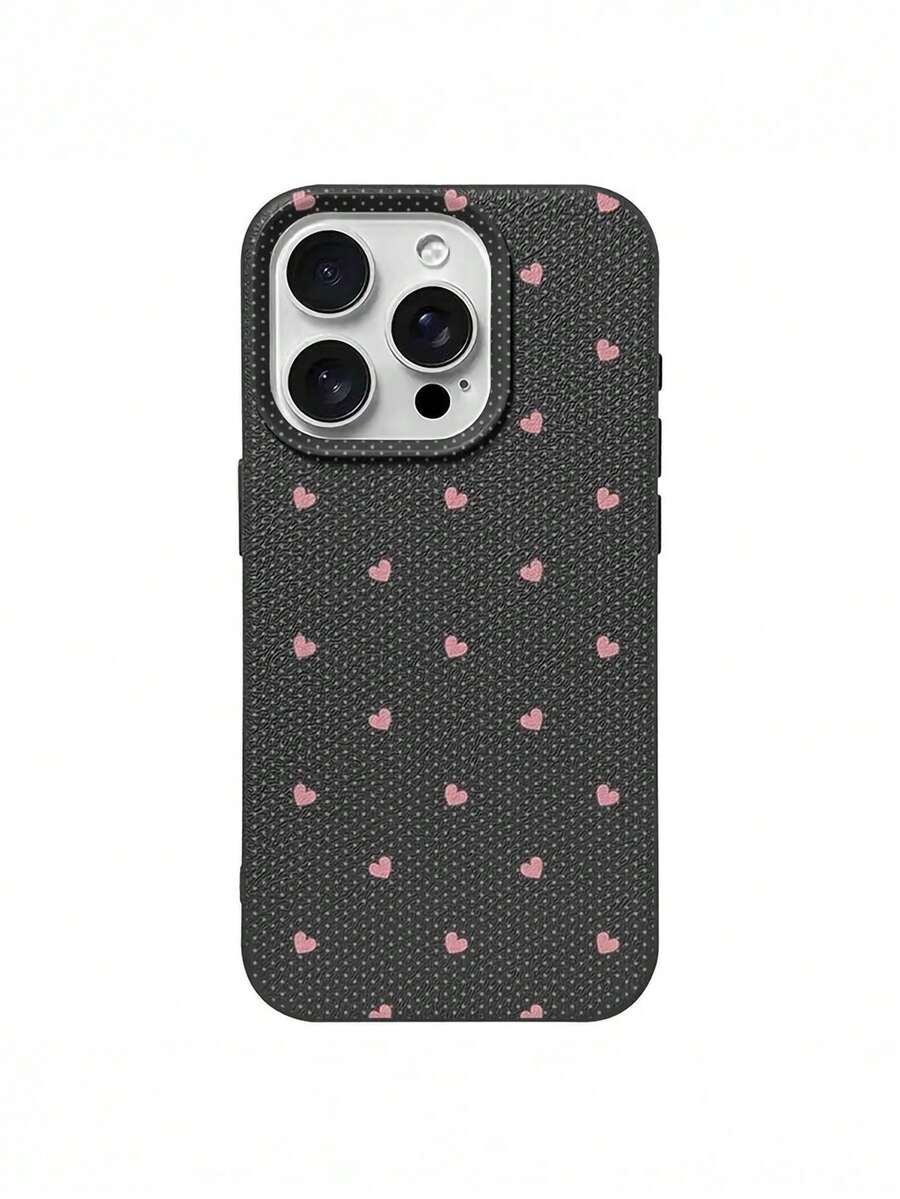 1pc Heart Polka Dot Pattern, Large Hole Black Leather Anti-Drop Phone Protective Case, TPU Material, Can Be Given As Holiday Gift, Compatible With IPhone Xs/Xsmax/Xr/11 12 13 14 15 16pro/Promax/14 15 16plus/17, Unisex - Multicolor - View 1