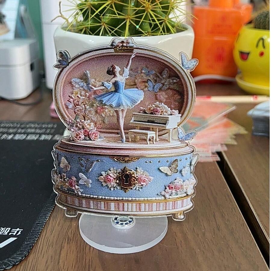 1个优雅旋转亚克力音乐盒，芭蕾舞女与蝴蝶花卉图案 - 粉蓝配色，金色点缀（无需电池） - 室内/室外桌面装饰，适用于家居、办公室、婚礼、生日礼物，2D平面设计，复古美学