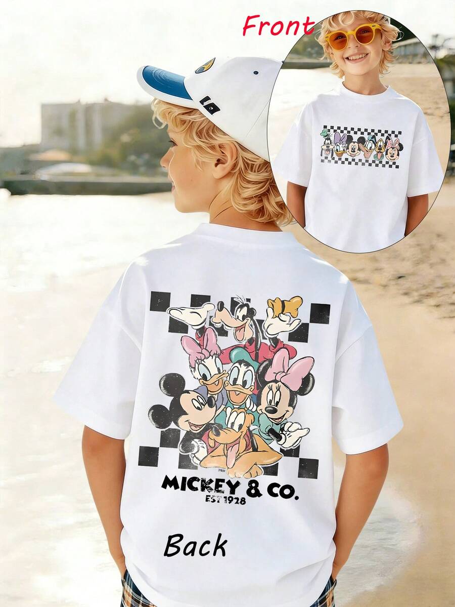 1pc Disney Mickey & His Pals Vintage Checkerboard Graphic Tween Boys Casual T-Shirt, Soft & Breathable, Ideal For Daily Wear And Weekend Outings - 白色 - 查看 1