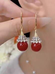 1 Pair Luxury Red Pearl Shiny Earrings, Elegant Lady Style Fashion Earrings For Banquet - Red - View 3