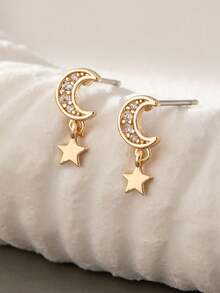1对极简主义星月吊坠耳环，女士奢华锆石月亮耳环，星星耳钉首饰 - 金色 - 查看 4
