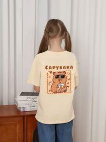 Young Girl Casual Graphic Print Crew Neck Short Sleeve T-Shirt, Summer Top - Apricot - View 2