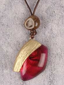 1pc Fashionable Asymmetrical Oval Alloy Resin Inlaid Pendant Necklace, Unique Beaded Choker Necklace, Party Jewelry Gift For Lover On Valentine's Day - Brown Wax Rope - View 13