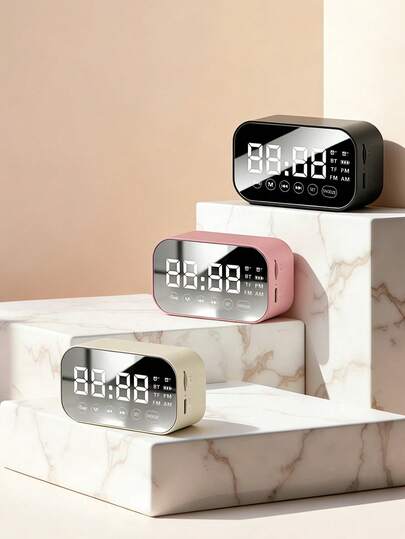 AKKHOO Multifunctional Bluetooth Speaker Alarm Clock, Mirror Display Dual Alarm, FM Radio Portable Student Bedside Clock