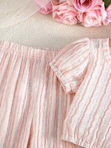 两件套女童可爱条纹上衣和简约长裤，优雅日常穿搭 - 粉色 - 查看 4