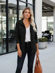 Women's Casual Black Woven Fabric Long Sleeve Regular Length Jacket With Pocket And Zipper Details - 黑色 - 查看 1