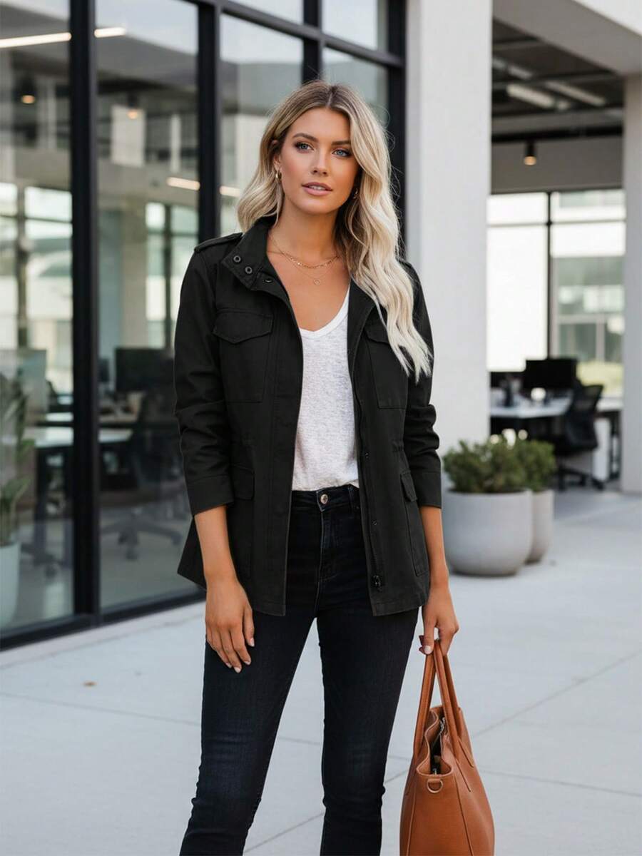 Women's Casual Black Woven Fabric Long Sleeve Regular Length Jacket With Pocket And Zipper Details - 黑色 - 查看 1