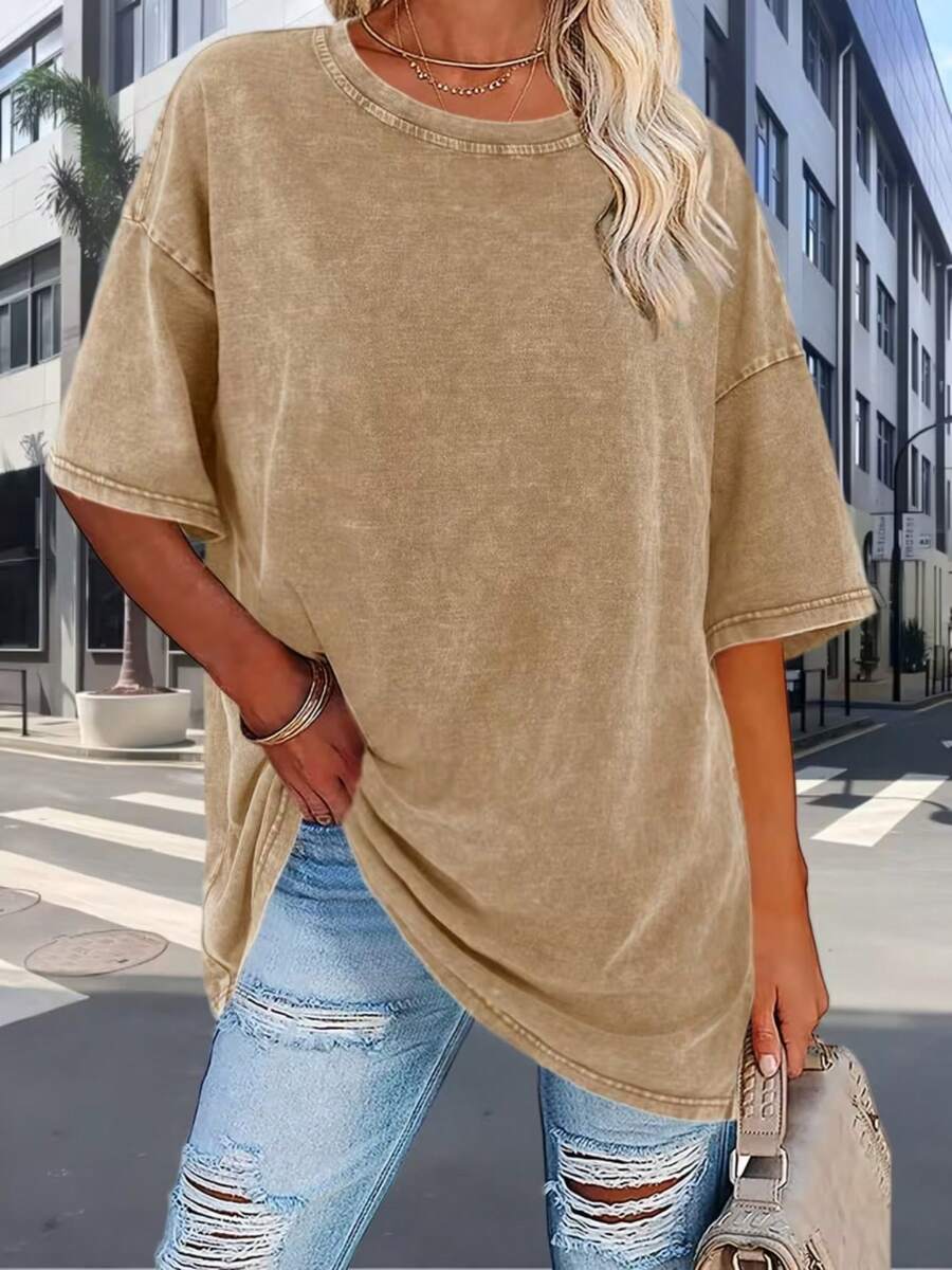 Local Shipping, 230g Retro Washed 100% Pure Cotton T-Shirt - One-Piece Basic, Women's Casual Round-Neck Summer Top, Loose Fit, Soft Texture, Breathable Fabric - 杏色 - 查看 1