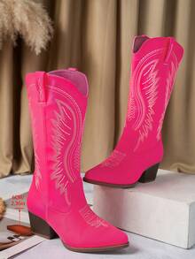 Western Style Embroidery Point Toe Chunky Heel Boots  Western    Side Zipper    Holiday - Màu Hoa hồng đỏ - Xem 6