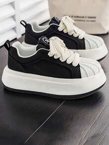 新款男士厚底舒适轻便百搭休闲运动鞋，简约时尚 - 黑色 - 查看 2