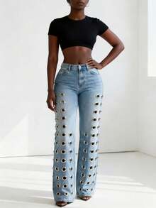 Valentine's Day, Date Night Outfit, Gifts For Her Women's Light Blue Wide-Leg Pants - Standout Ring Accent Detail | Bold Edgy Style For Fashion Street Shoots,  Party Gatherings, Weekend Urban Strolls & Fashion Event Outings Eye-Catching Ring Accent Detail For Edgy Stylish Looks - 藍色 - 查看 2
