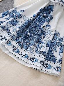 印花灯笼袖纽扣前开襟连衣裙，波西米亚风格，长袖短款印花修身连衣裙，女士秋冬度假装 - 藍白色 - 查看 3