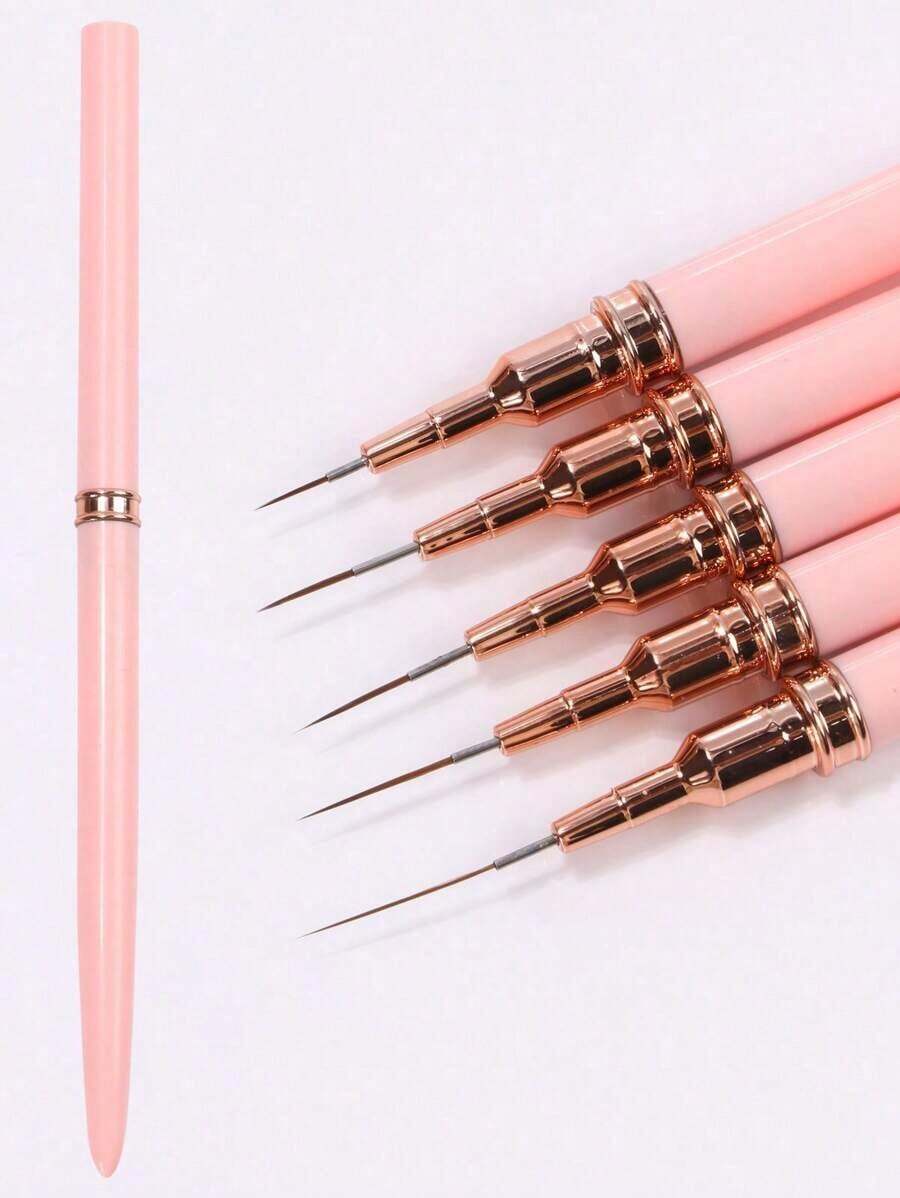 5-Pcs Nail Line Brush Set Slender Line Stripe Paintbrush UV Gel Painting Nail Design Pen Professional Nail Tools,Suitable For Nail Art Starter Manicure Salon Home DIY For Girls Women - Màu hồng nhạt - Xem 1