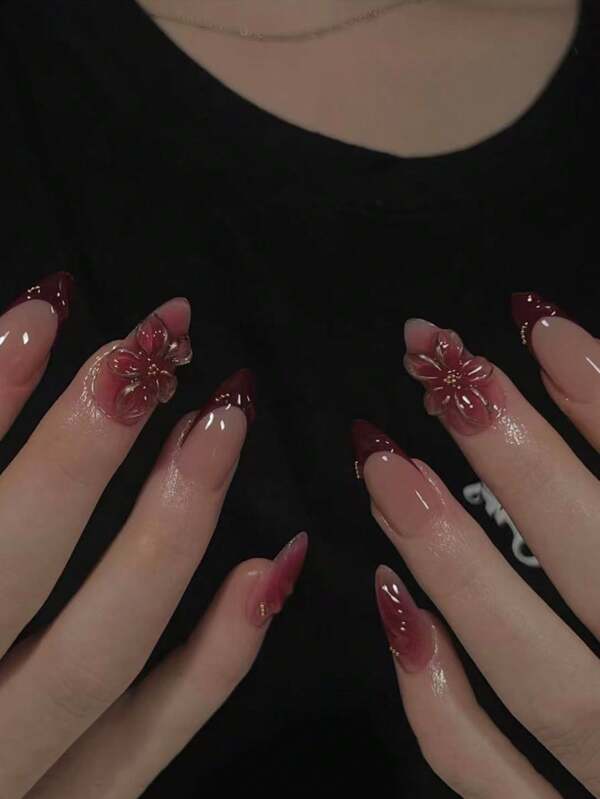 10 piezas de uñas postizas con decoración de perlas doradas y flores 3D en color rojo, diseño de manicura francesa, uñas de almendra reutilizables para arte de uñas DIY, suministros de uñas para mujeres y niñas