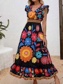 New Autumn Lightweight V-Neck All-Over Cute Leaf & Floral Print Bohemian Casual Pleated Ruffle Hem Waist Splice Maxi Dress, Suitable For Music Festivals, Women's Holidays, Country Music Concerts, Graduation, Parties, Back To School, Teacher's Day, Halloween, Christmas - 黑色 2 - 查看 6
