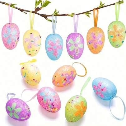 6PCS Glitter Colorful Easter Eggs For Hanging – Plastic Easter Egg Ornaments With Ribbon & Floral Patterns, Lightweight Hanging Decorations For Easter Tree, Basket, Door & Home Decor, Festive Spring Holiday Party Supplies