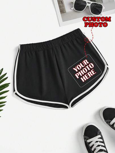 Custom Color-Blocked Shorts, Custom Shorts - Add Your Photos (Patterns/Logos/Selfies/Pets/Family Photos/Friends Photos, Etc.) To Design Your Own Personalized Printed Shorts As A Gift For Your Girlfriend, Partner, Etc. Comfortable And Casual, Women's Color-Blocked Shorts, Custom Prints, Custom Shorts, Women's Custom Shorts. Black