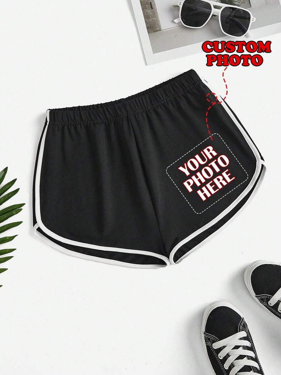 Custom Color-Blocked Shorts, Custom Shorts - Add Your Photos (Patterns/Logos/Selfies/Pets/Family Photos/Friends Photos, Etc.) To Design Your Own Personalized Printed Shorts As A Gift For Your Girlfriend, Partner, Etc. Comfortable And Casual, Women's Color-Blocked Shorts, Custom Prints, Custom Shorts, Women's Custom Shorts. Black Summer - Black - View 1