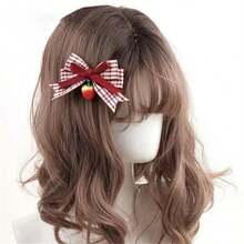 Handmade Red Plaid Strawberry Hair Clip With Cute Bow, Original Lolita Hair Accessory - Multicolor - View 3