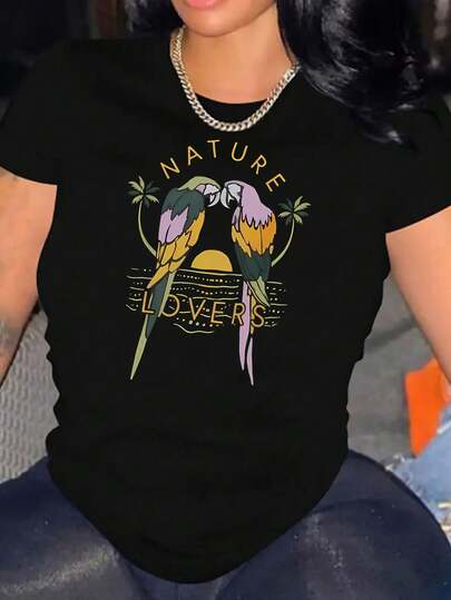 Creative Nature Lover Parrot Pattern Printed Women'S Fashionable Round Neck Short Sleeve, Simple Casual Sports T-Shirt, Comfortable Summer Top For Holidays. New Year, Spring Festival, Independence Day, Birthdays, Parties, Gifts, Christmas, Halloween