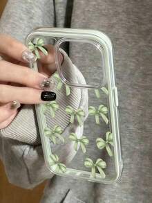 Bow-Knot 1pc 2-In-1 Green Bow Print Protective Phone Case Compatible With Apple 17/17Pro/17Promax/16/16Pro/16Promax/15/15Pro/15Promax/14/13/12/11, Soft Anti-Drop Cover - Green - View 3