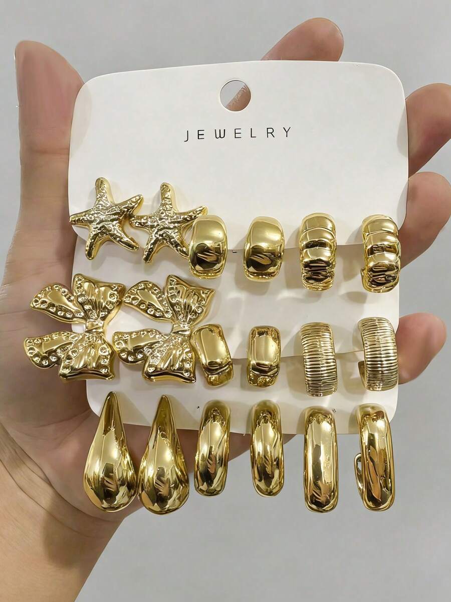 6/18pcs Fashion Earring Set, Bowknot & Starfish Series Earrings Suitable For Daily And Festival Wear, Women Earring Set - Gold - View 1