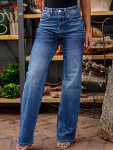 Women's Casual Versatile Straight Leg Jeans With Pockets - Blue - View 3