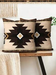 2Pcs 2D Flat Design - South American  Style Throw Pillow -  Brown And Decorative Cushion With Zipper Closure, 18x18 Inches - Machine Washable, Bohemian Style, Suitable For Sofa, Bed, Home Decor - 彩色 - 查看 5