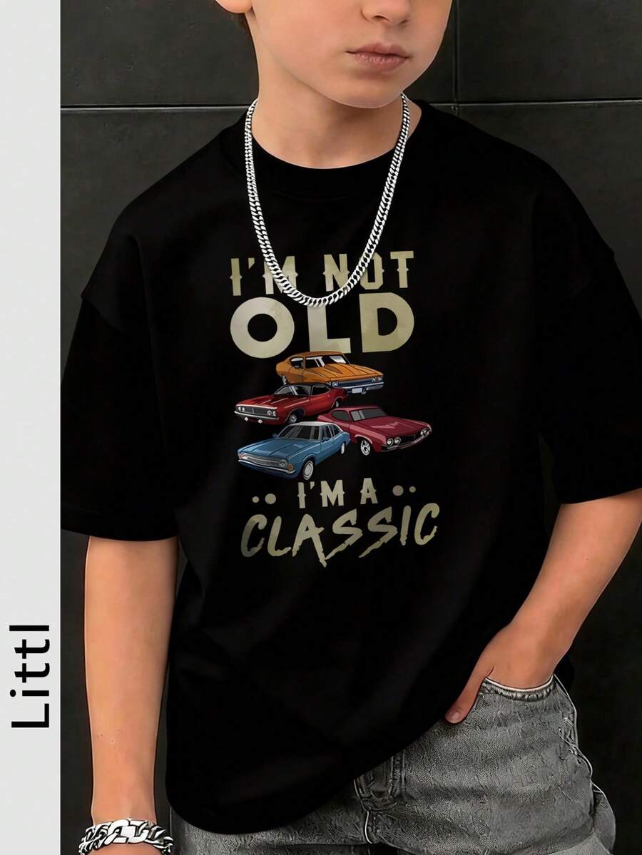 男童休闲印花圆领短袖T恤,夏季上衣 - 黑色 - 查看 1