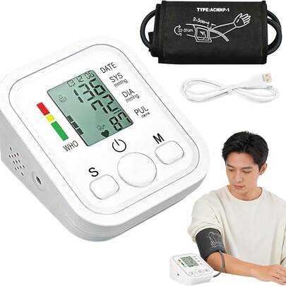 Monitor Presión Arterial Brazo Digital,monitor de presión arterial para brazo con Pantalla LED y Voz en Español,USB/Baterías,Multiples tipos de Medicion,eteccion Precisa de la Presión Sanguínea (blanco)