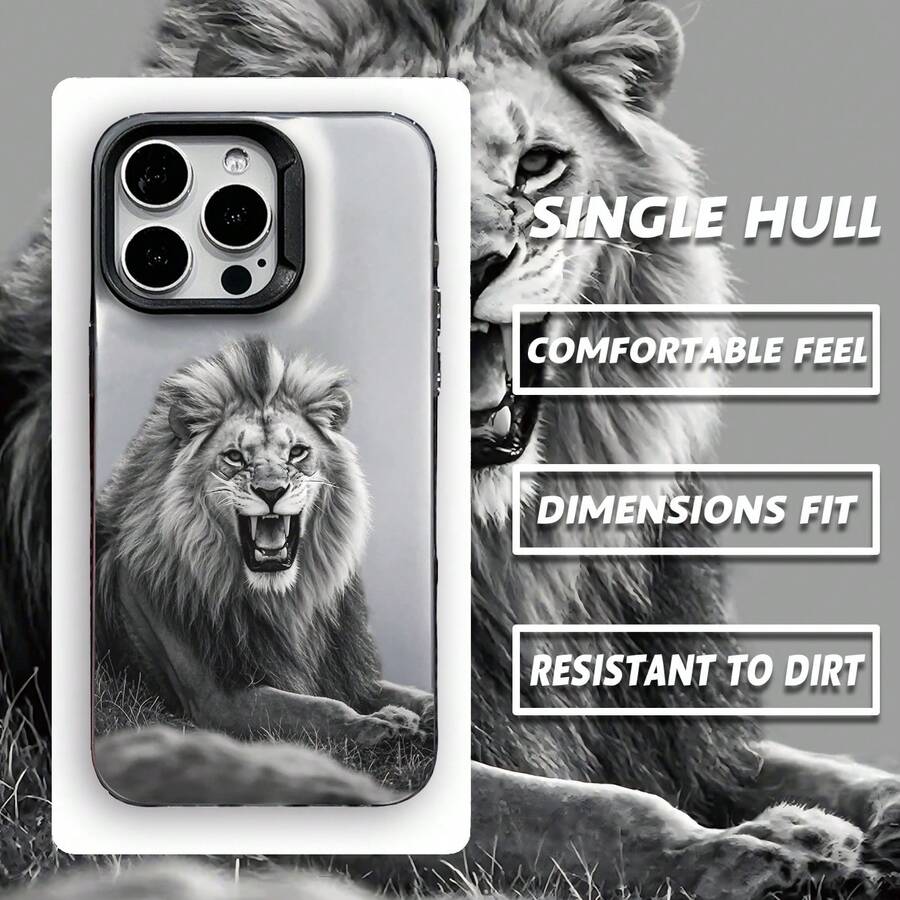 Powerful Realistic Black & White Roaring Lion Design Phone Case, Fits 17 Pro Max, Apple 13, 11, 15, 16 Pro Max, 12 Pro, Unisex, Precise Cutouts For Camera And Buttons, Shockproof - Black - View 1