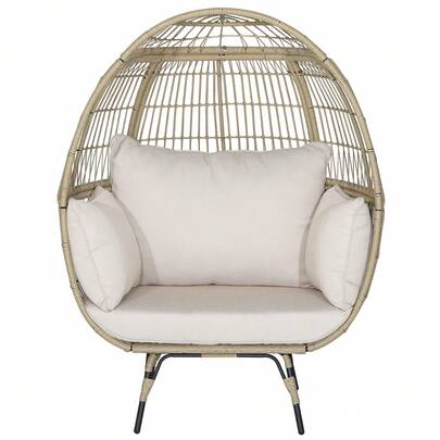  COSTWAY Wicker Egg Chair, Oversized Indoor Outdoor Lounge Chair With 4 Cushions And Sturdy Metal Frame For Patio, Backyard, Living Room, 450 LBS Weight Capacity, Brown