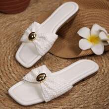 Women's Bow Sandals With Slides And Slippers Dressy Square Open Toe Comfortable Summer Casual Vacation Beach Shoes Flats - 白色 - 查看 4