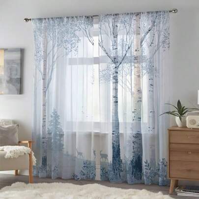 2pcs Forest Sheer Curtains And Decoration -100% Polyester Fiber Translucent Rod Mouth Sheer Curtains, Suitable For Living Room, Bedroom, Kitchen, Dining Room, Office - Machine Washable Holiday Home Decoration, Modern Festival Style Living Room Sheer Curtains, Seasonal Room Decoration