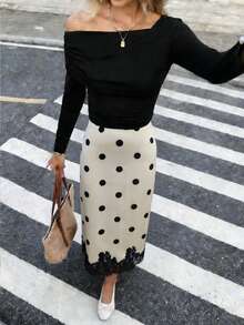 复古波点蕾丝半身裙 | 米色底，黑色波点点缀，蕾丝裙摆，散发成熟女性的浪漫气息。撞色波点优雅蕾丝拼接沙滩度假半身裙，春季必备。 - 杏色 - 查看 7