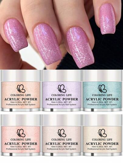 6件套亚克力美甲粉套装，10克蓝粉紫闪粉水晶粉，粉色铬粉美甲粉，适用于亚克力美甲延长、雕刻，无需UV灯固化，美甲装饰DIY家庭沙龙礼物，送给女性的亚克力按压式美甲