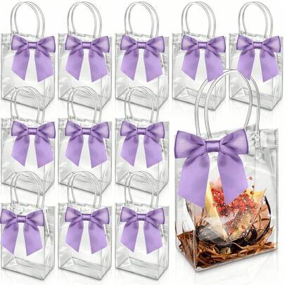 10 piezas Bolsas de regalo de plástico transparente reutilizables con asas, material de PP con decoración de lazo, adecuadas para bodas, despedidas de soltera, fiestas de cumpleaños, baby showers, pequeños negocios, se pueden usar como embalaje de regalo para el Día de la Madre (Púrpura)